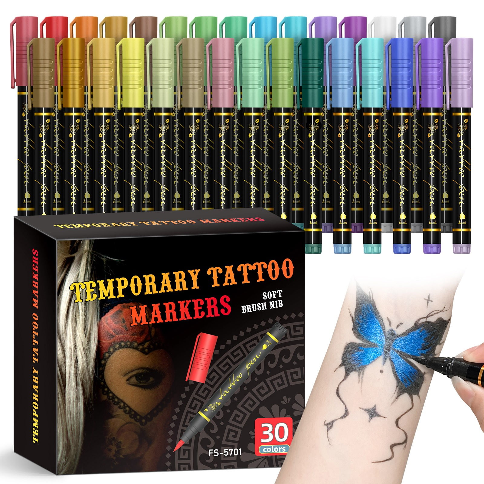 30 Color Temporary Tattoo Pen Set for Body Art, Washable Skin Marker for Cosplay, Non Toxic Face Paint for Professional Design, Complete Collection for Artists