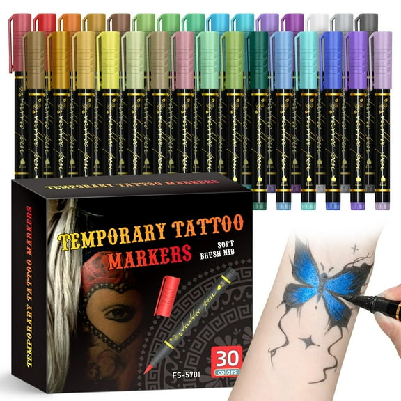 30 Color Temporary Tattoo Pen Set for Body Art, Washable Skin Marker for Cosplay, Non Toxic Face Paint for Professional Design, Complete Collection for Artists