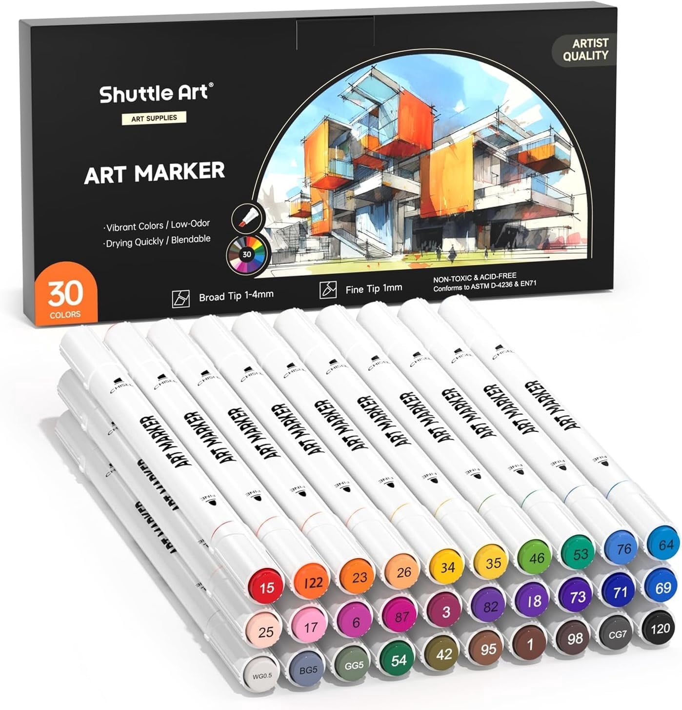 Shuttle Art 30 Colors Dual Tip Art Markers Set for Adult Coloring