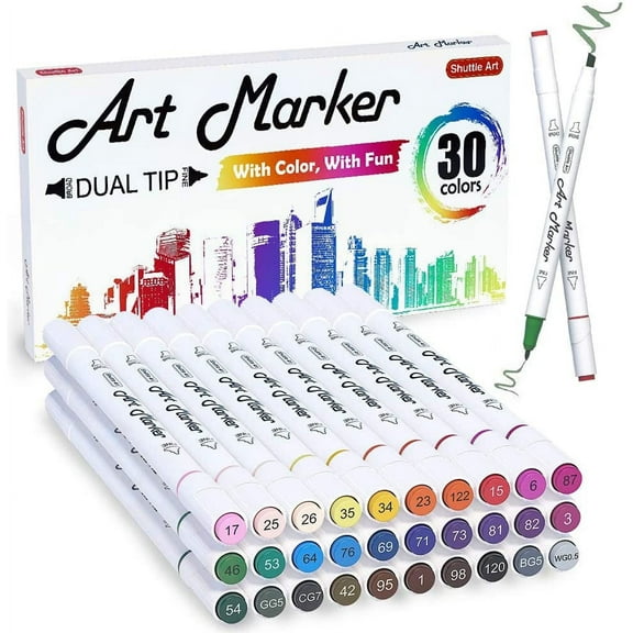 30 Colors Dual Tip Art Markers,Shuttle Art Marker Pens for Adult Coloring Books Sketching and Card Making