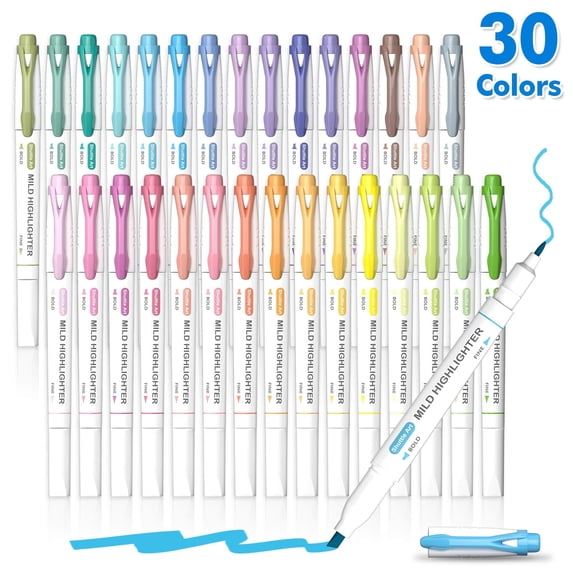 30 Colors Highlighters, Pastel Highlighter Pens Assorted Colors, Dual Tip Mild Color Highlighter Markers, Gift for Adults Coloring, Underlining by Shuttle Art
