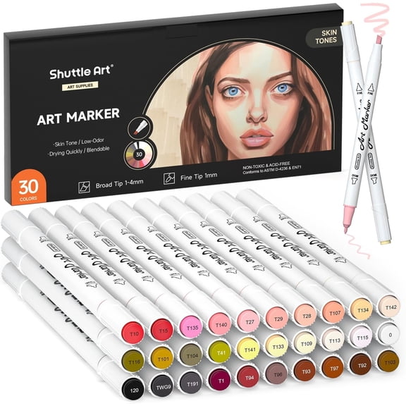 Shuttle Art 30 Colors Skin Tone&Hair Art Markers, Dual Tip Alcohol Based Flesh Color Marker Pen Set Contains 1 Blender Perfect for Adults Portrait,Comic, Anime, Manga, Illustration