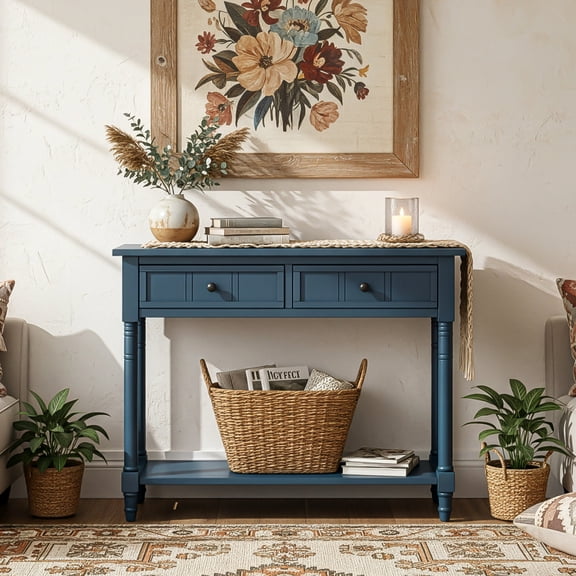 30" Console Table, Traditional Design Entryway Table with Storage Drawers and Bottom Display Shelf, Wood Sofa Table for Living Room, Entrance, Hallway, Couch, Dark Navy