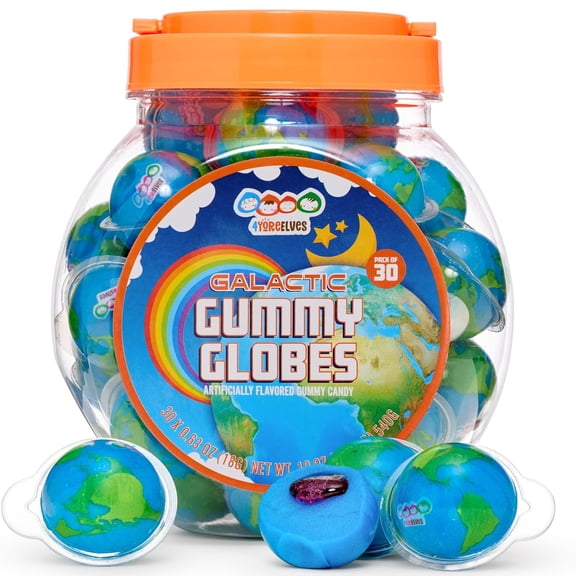 30 Cool Planet Gummies, Trending Earth Gummy Candy, Individually Wrapped Blue Raspberry Flavored Gummy Balls with Strawberry FiIling, By 4YoreElves (19 oz)