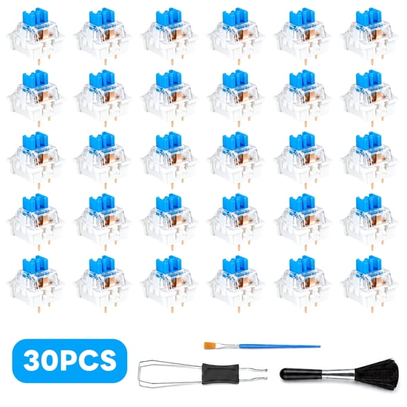 NEZART 30 Pcs Blue Mechanical Switches, 3-Pin Clicky Tactile Dustproof Kit, Switch Puller & Brush Included for Diy Keyboard Replacement and 3D Printed Projects