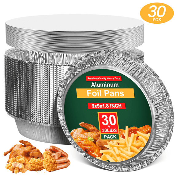 GPED 30 Count 9 Inch Disposable Round Aluminum Foil Pans with Dome Lids, Aluminum Foil Pans Freezer & Oven Safe For Baking, Cooking, Storage, Roasting, & Reheating, Pack of 30