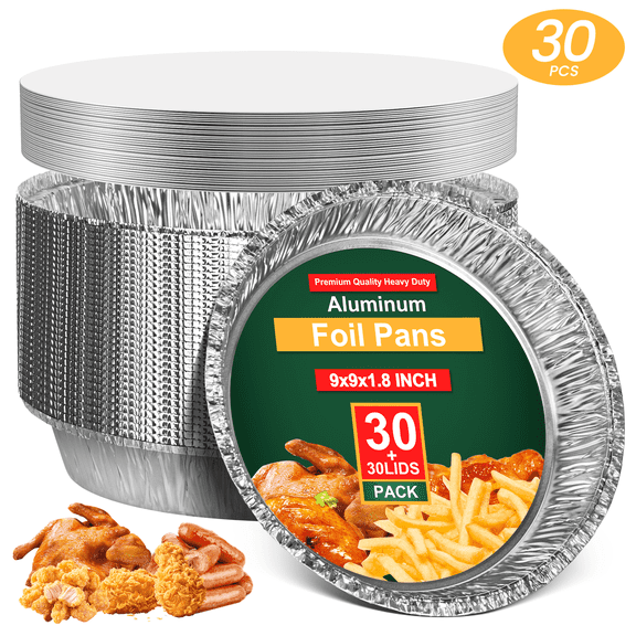 GPED 30 Count 9 Inch Disposable Round Aluminum Foil Pans with Clear Plastic Dome Lids, Aluminum Foil Pans Freezer & Oven Safe For Baking, Cooking, Storage, Roasting, & Reheating, Pack of 30
