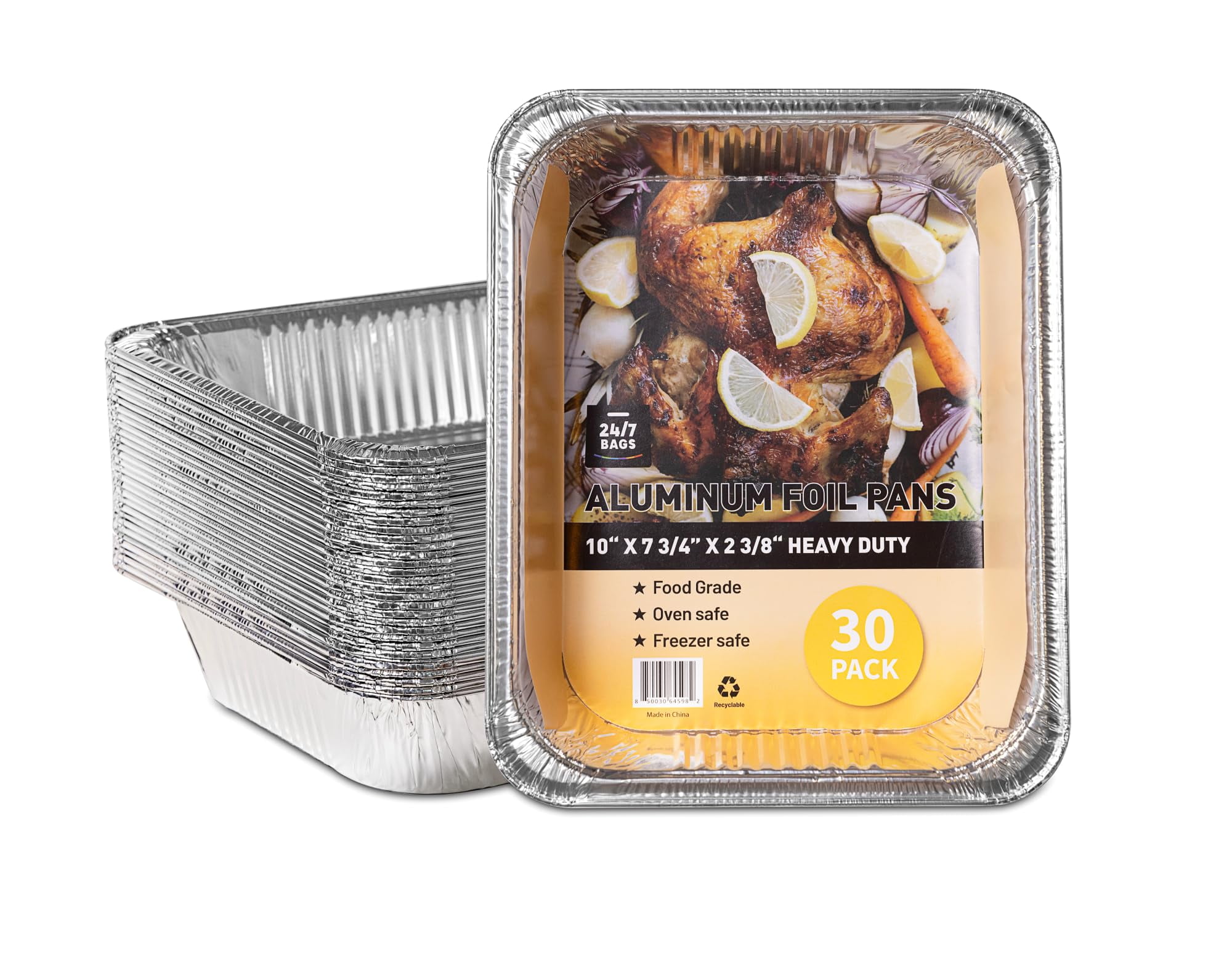 30 Count Aluminum Foil Pans, 10"x7.75"x2.4", Food Grade, Disposable, No Lids