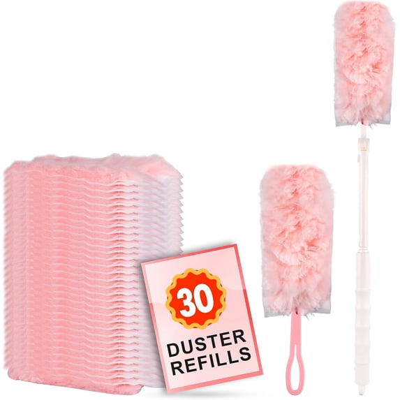 30 Count Duster Refill kit, Dust Cleaning Supplies with Extension Pole, Fan Feather Dusters with 2 Types Handle for Cleaning Home, Celling Fan, Blinds, Furniture, Vent & Shelves-Pink