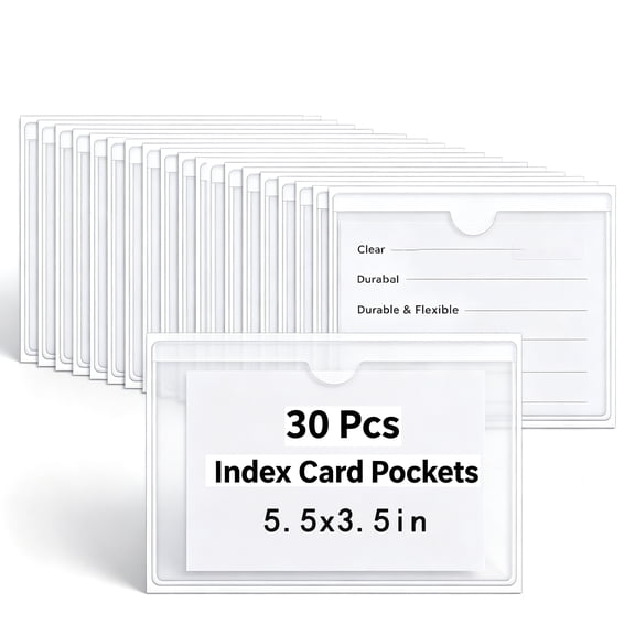 30 Count Index Card Pockets With Top Open Loading, Clear Adhesive Plastic Label Pockets, Waterproof Self-Stick Storage Bin Labels for Home, Office, Pantry & School Organization