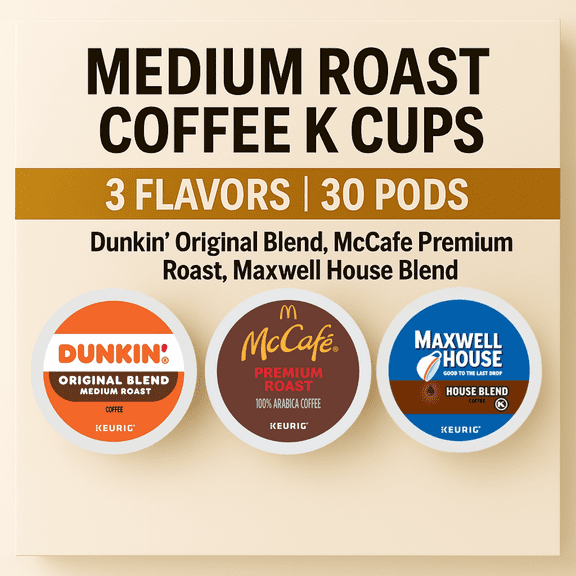 30-Count K-Cup Assorted Variety Pack:3 Flavors (10ct each) Dunkin Original Blend, McCafe Arabica, Maxwell Medium Roast with Exclusive Coffee Recipe eBook