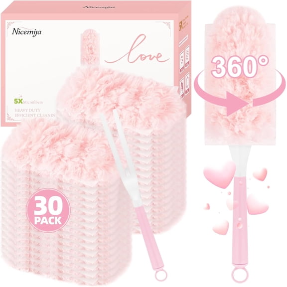 30 Count Pink Duster Refills Compatible with Handle, 360 Multi-Surface Duster Refills with 1 Handle, 5X Microfibers Disposable Dusters for Valentines Home, Office Cleaning