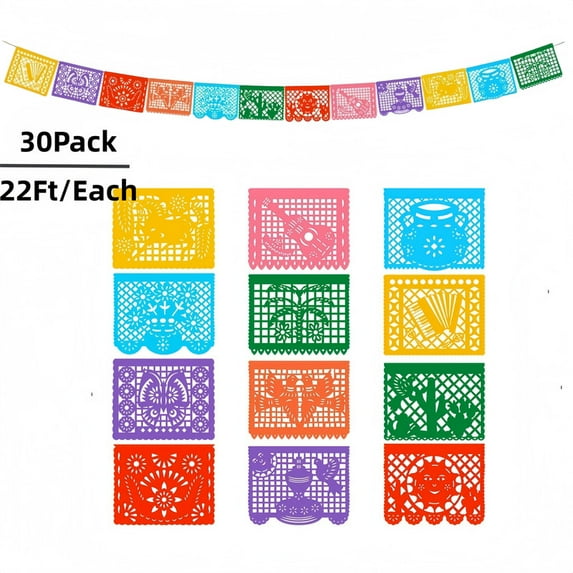 30-Count Plastic Papel Picado Banners, 12 Assorted Designs | Reusable Mexican Party Supplies for Indoor & Outdoor Decor