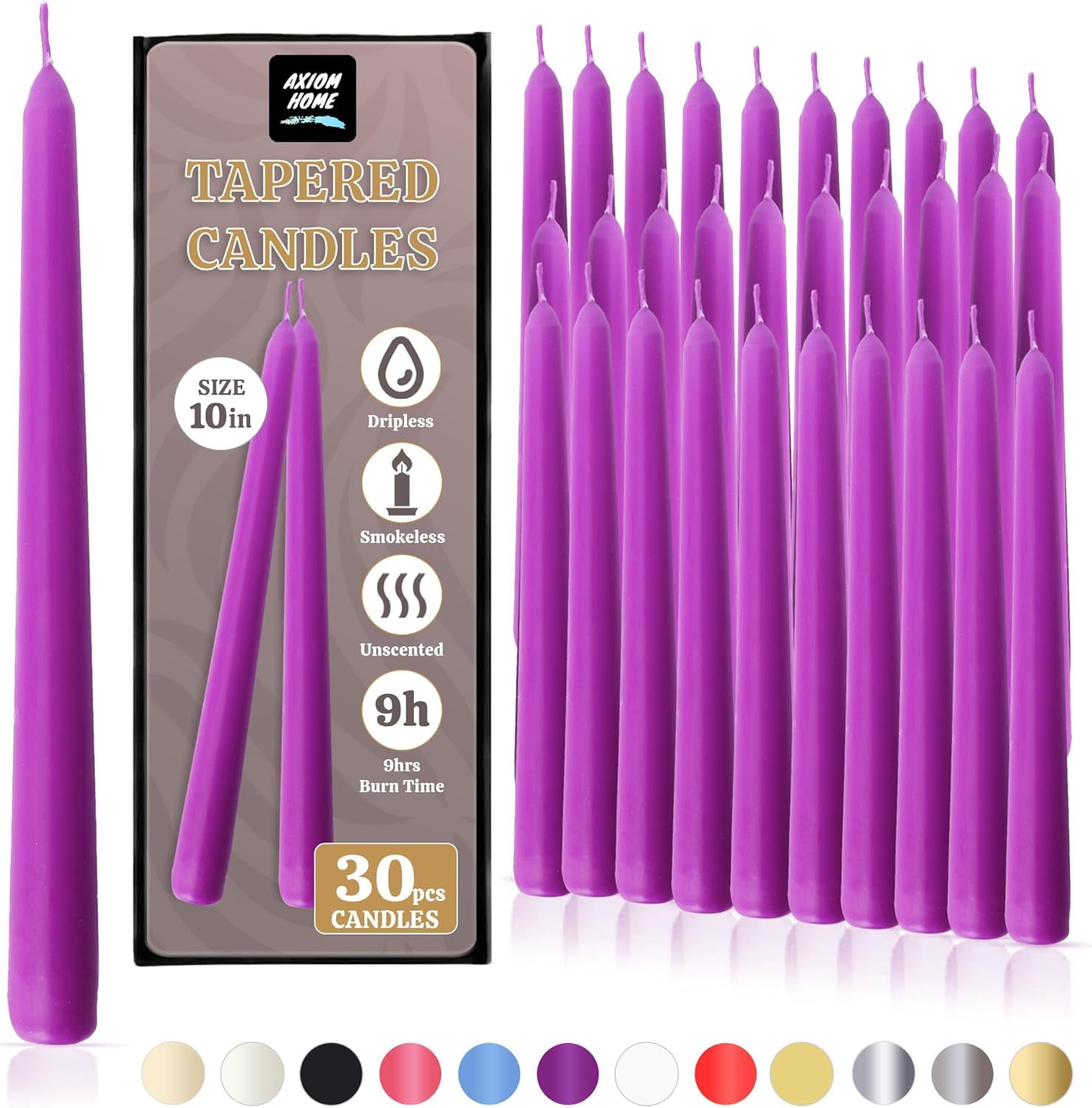 30 Count Purple Taper Candles 10 inch Dripless Unscented Smokeless