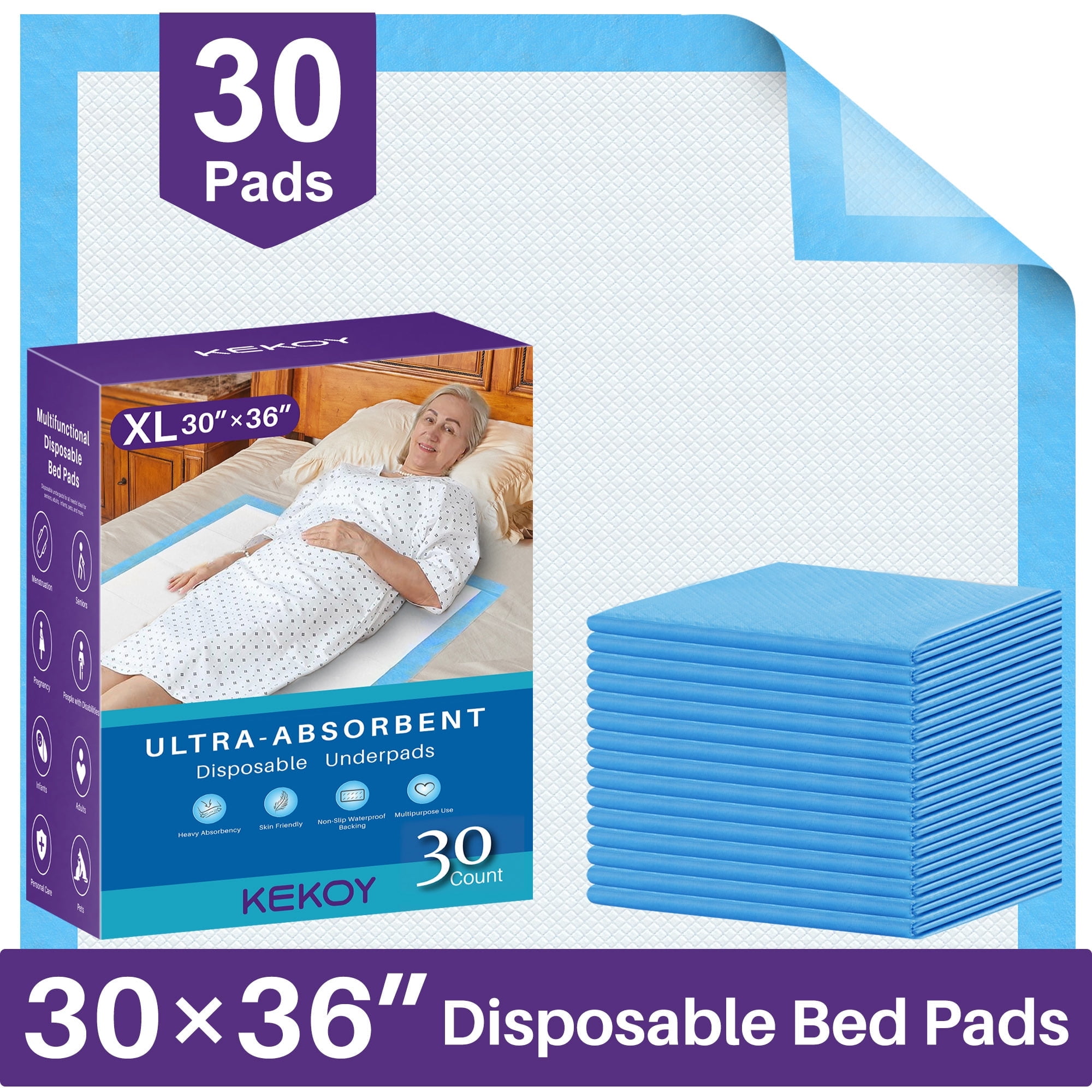KEKOY Disposable Bed Pads 30 x 36, 30 Count Adult Pads for Incontinence, Ultra Absorbent Waterproof Mattress Protector, Bed mats for Adult