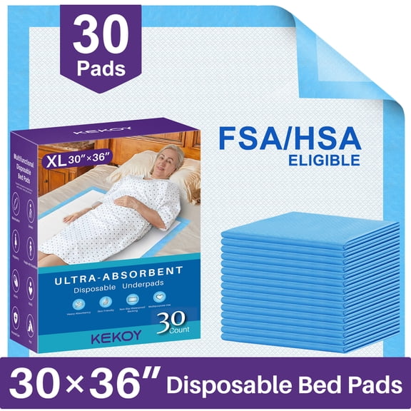 KEKOY Disposable Bed Pads 30 x 36, 30 Count Adult Pads for Incontinence, Ultra Absorbent Waterproof Mattress Protector, Bed mats for Adult
