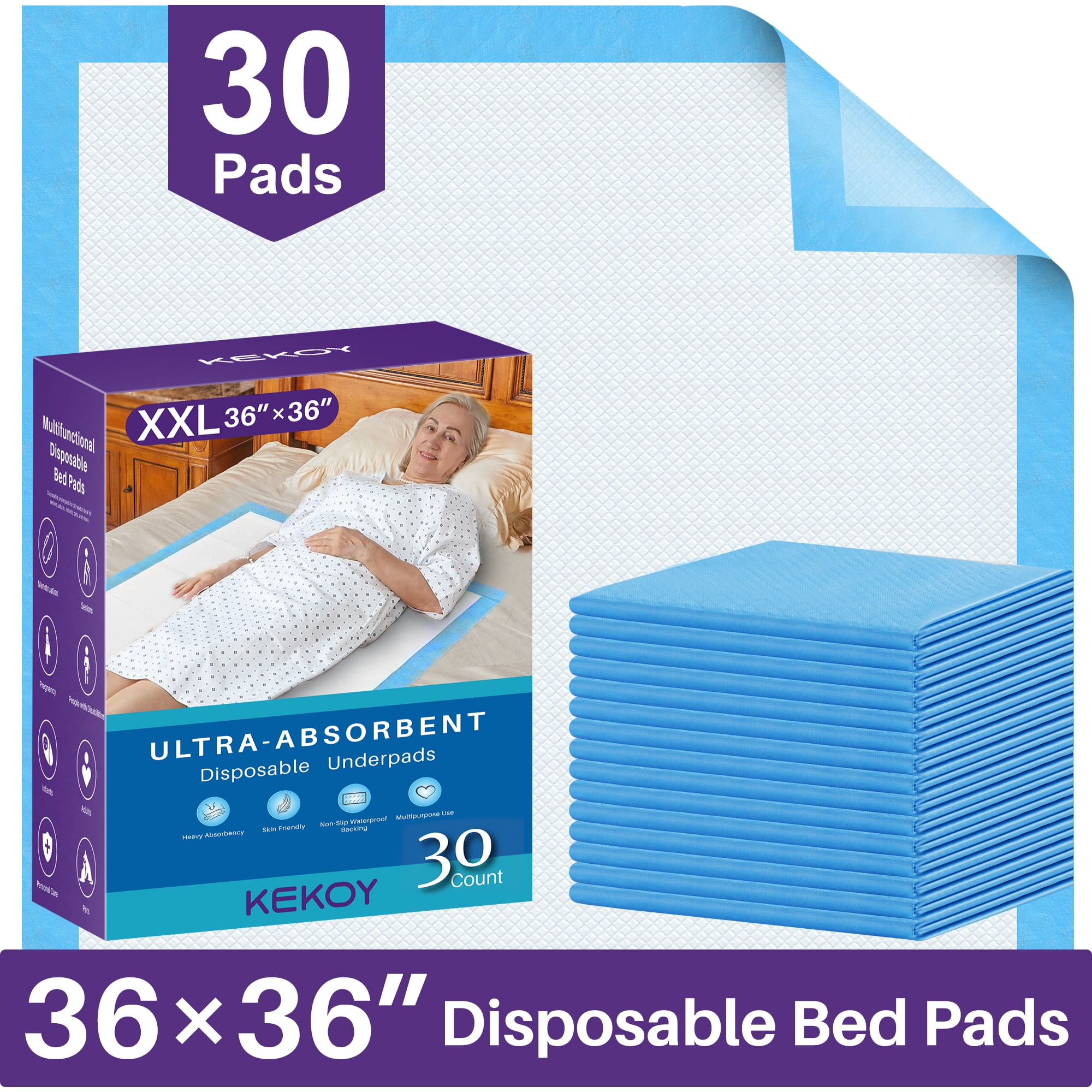 KEKOY Disposable Underpads, FSA/HSA Bed Pads Disposable 36 x 36, 6 Layers Waterproof Bed Mats,Anti Slip Backing, Leakproof Quick Drying, XXL, 30 Count
