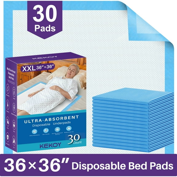 KEKOY Disposable Underpads, FSA/HSA Bed Pads Disposable 36 x 36, 6 Layers Waterproof Bed Mats,Anti Slip Backing, Leakproof Quick Drying, XXL, 30 Count