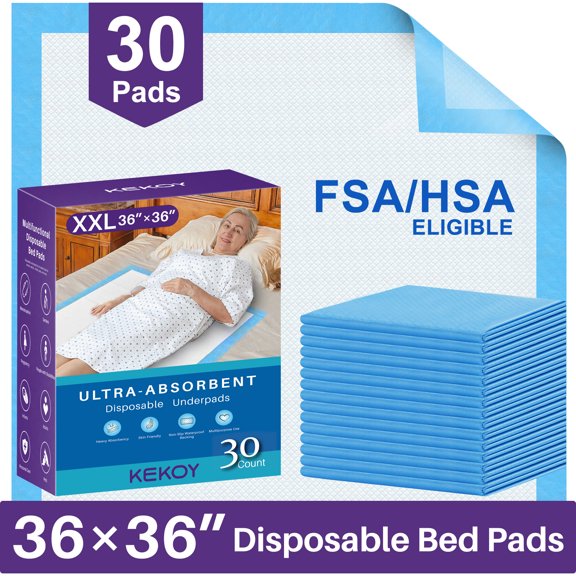 KEKOY Disposable Underpads, FSA/HSA Bed Pads Disposable 36 x 36, 6 Layers Waterproof Bed Mats,Anti Slip Backing, Leakproof Quick Drying, XXL, 30 Count
