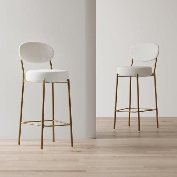 30" Counter Height Bar Stools Set of 2, Modern Velvet Barstools with Golden Frame, Upholstered Kitchen Island Chairs with Metal Base Legs, Creamy White