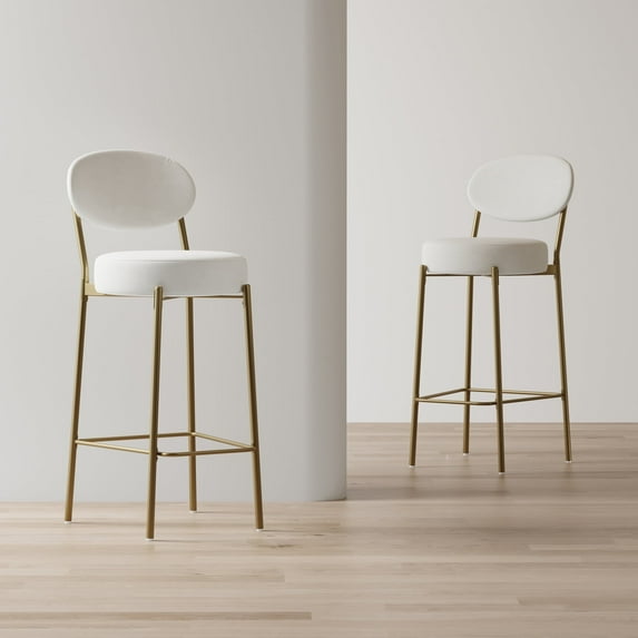 30" Counter Height Bar Stools Set of 2, Modern Velvet Barstools with Golden Frame, Upholstered Kitchen Island Chairs with Metal Base Legs, Creamy White