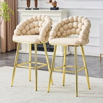 30" Counter Height Bar Stools Set of 2, Velvet Upholstered Kitchen Island Chairs, Gold Metal Leg, Ball Chain Back, Beige Counter Stools for Restaurant Bar Kitchen Island