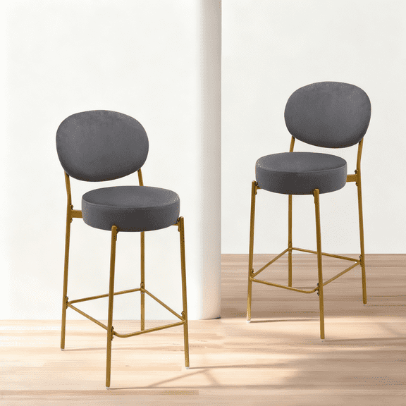 30" Counter Height Bar Stools Set of 2, Modern Velvet Barstools with Golden Frame, Upholstered Kitchen Island Chairs with Metal Base Legs, Gray