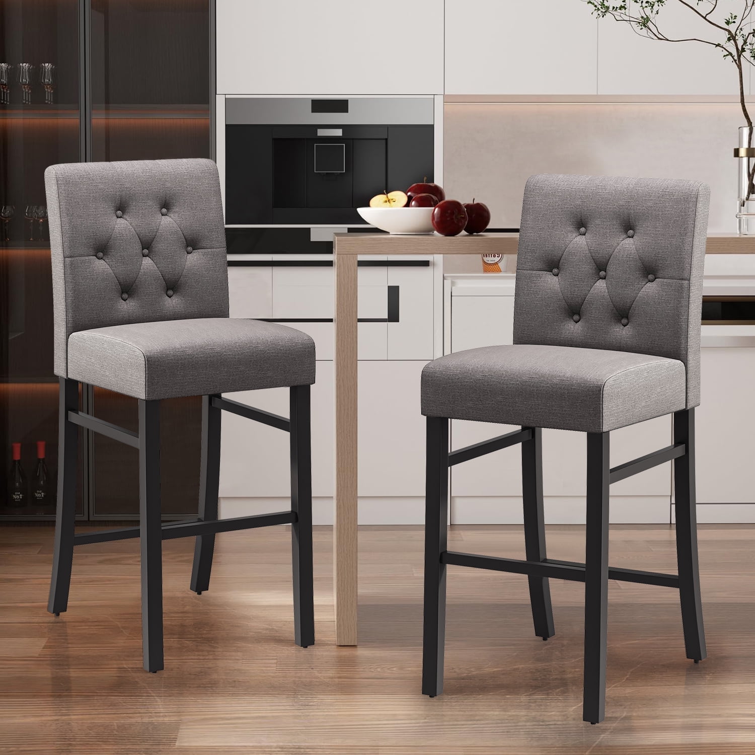 Homy Grigio 30 inch Gray Fabric Bar Stools, Tufted, Upholstered