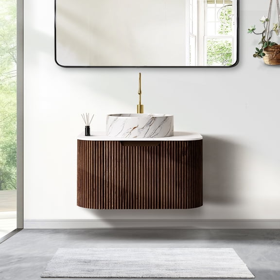 30" Curved Edges Striped Bathroom Vanity with Sink, Floating Plywood Cabinet with Single Large Drawer, Ceramic Vessel Basin & Artificial Marble Top - Dark Walnut Wood Grain Color Pre-assembled Vanity