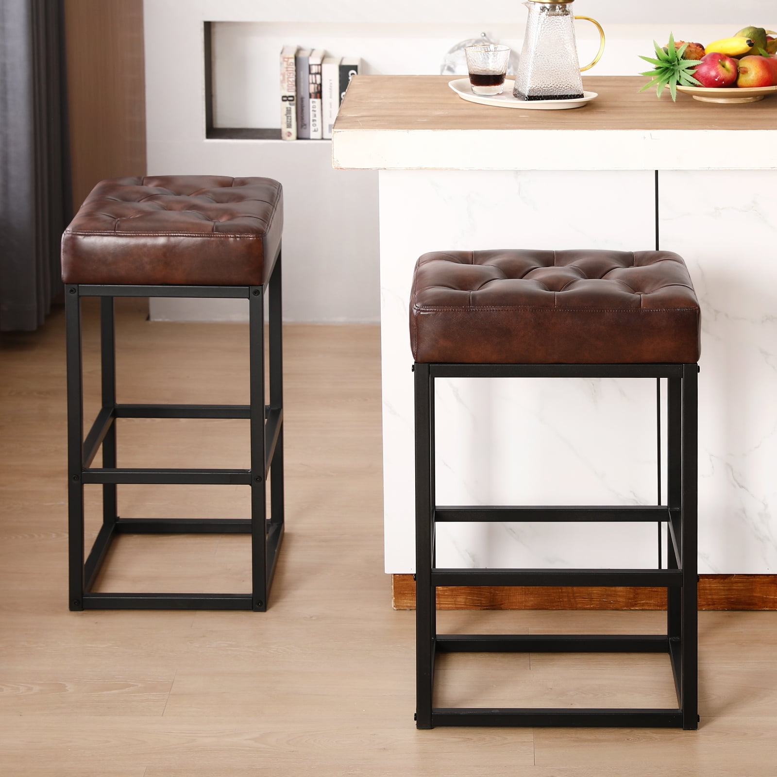 30"Dark Brown Leather Counter Stools Set of 2 Upholstered Island Stool
