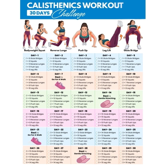 30 Day Calisthenics Challenge Workout Chart poster Full Body Bodyweight Routine, Beginner At Home Fitness No Equipment Strength Training Exercises poster