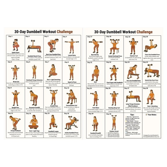 30-Day Chair Dumbbell Workout Challenge Poster,2Pc Seated Home Fitness Training Plan Chart, Full-Body Exercise Guide, Illustrated Daily Workout Tracker Wall Art, Beginner Strength Training Poster