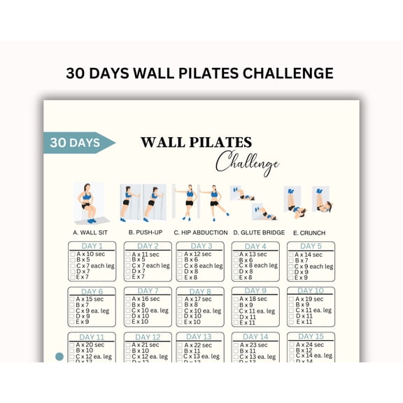 30 Day Challenge Pilates Exercise Poster, Women's Wall Exercise, Home Exercise Challenge Poster, Stomach Flattening Challenge Poster