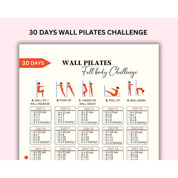 30 Day Challenge Wall Pilates Exercise Poster, Female Wall Exercise, Family Exercise Challenge Poster, Full Body Exercise Challenge Poster