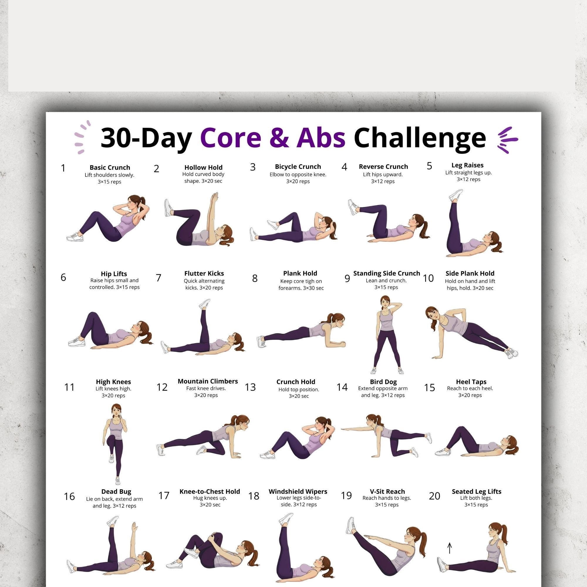 30 Day Core Abs Challenge Poster Abdominal Workout Home Fitness Routine ...