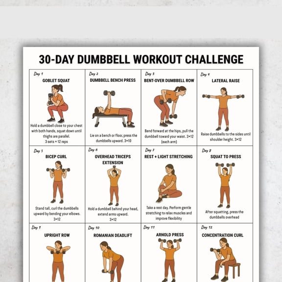 30 Day Dumbbell Training Challenge Poster Home Training Plan Full Body Strength Training Plan Exercise Guide Poster poster