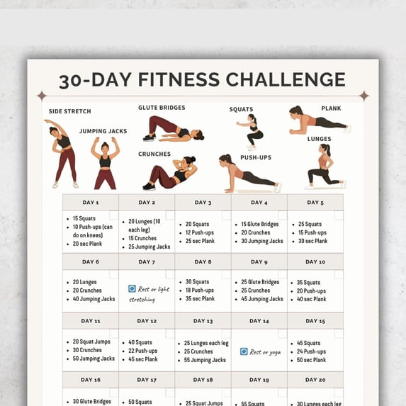 30 Day Fitness Challenge Exercise Chart Poster, Home Exercise Plan ...