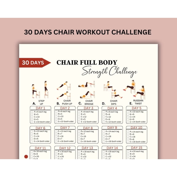 30 Day Full Body Chair Exercise Challenge Poster, Full Body Exercise Guide, Chair Exercise Challenge Poster, Summer Body Exercise Poster