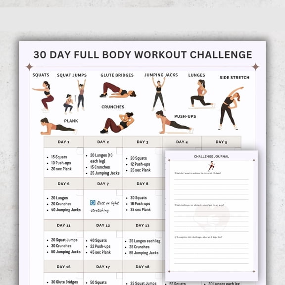30 Day Full Body Exercise Challenge Chart Poster, Home Fitness Plan Poster, With Exercise Illustrations And Tracker Poster poster