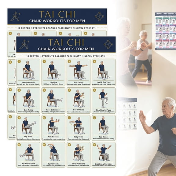 30 Day Senior Chair Tai Chi Workout Poster, Printable Daily Seated Exercise Wall Chart for Seniors, Chair Fitness Guide for Balance, Flexibility, Mobility & Joint Strength, Home Rehab Exercise Poster