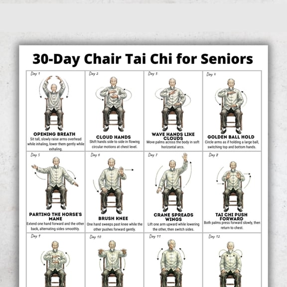 30 Day Tai Chi Chair Poster For Elderly People, Daily Home And Sitting Balance And Activity Exercise Plan Poster