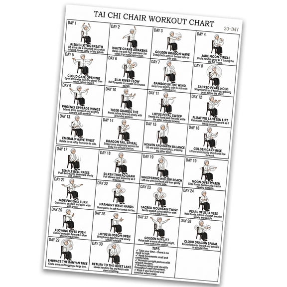 30-Day Tai Chi Chair Workout Chart Poster - 12''x18'' Canvas Unframed - Seated Exercise Program for Seniors, Physical Therapy, and Limited Mobility