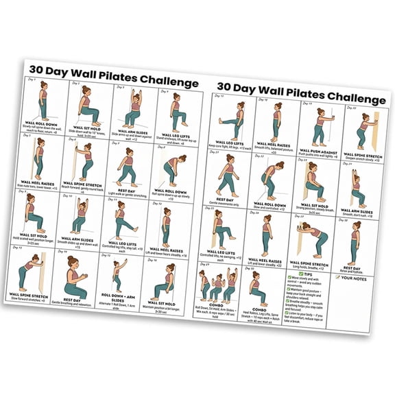 30 Day Wall Pilates Challenge Poster - 12‘’x18 ‘’ Unframed Canvas - Daily At-Home Workout Chart for Core Strength, Flexibility, and Toning - Instructional Fitness Guide for All Levels