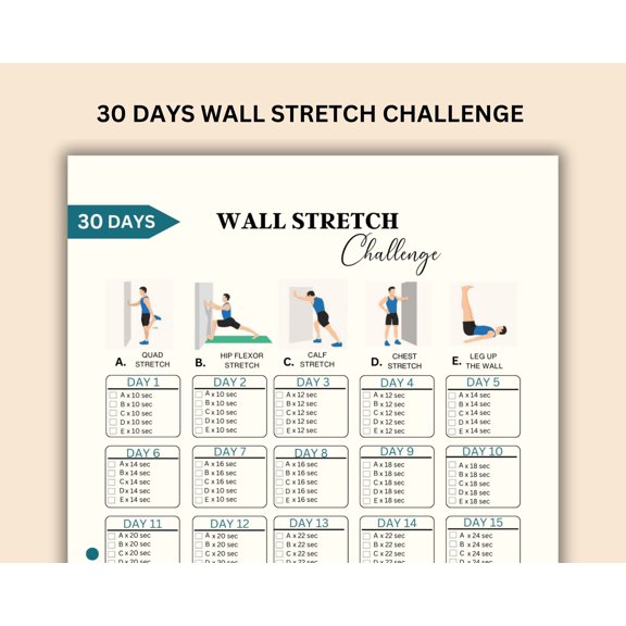 30 Day Wall Stretching Challenge Poster, Wall Stretching, Yoga Wall Exercise Guide Poster, Wall Pilates, Wall Exercise Guide Poster
