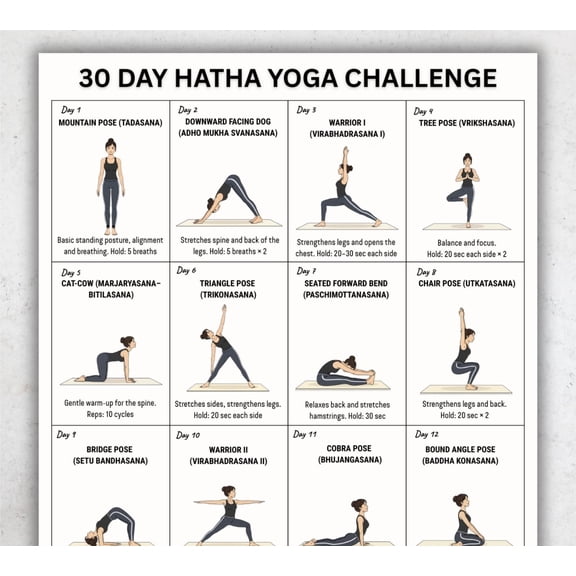 30 Day Yoga Challenge Poster, Daily Yoga Pose Chart Poster, Beginner Yoga Poster, 30 Day Yoga Course Poster