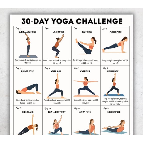30 Day Yoga Challenge Poster Suitable For Fitness, Strength, And Flexibility Daily Home Yoga Process Plan Suitable For Beginners Poster