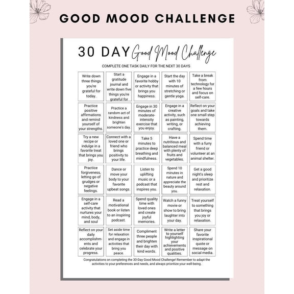 30 Days Of Good Mood Challenge Poster Self Love Activity Poster