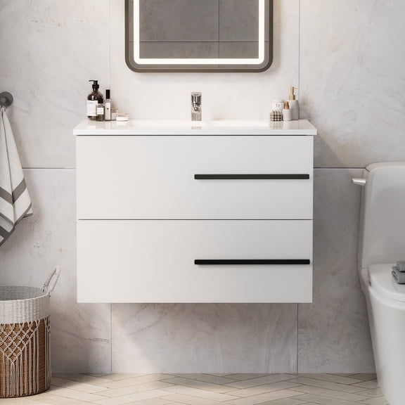 KZElegy 30" Floating Bathroom Vanity Sink with 2 Fluted Drawers,Modern Wall-mounted Bathroom Storage Cabinet with Black Metal Handles,White