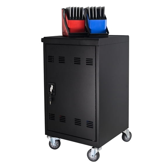 30 Device Mobile Charging Cart, Lockable Laptop Tablet Charging Trolley with Cable Management & Removable Doors, Black