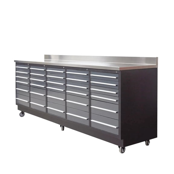TMG Industrial TMG Heavy Series 9-Ft 30-Drawer Workbench with Stainless Steel Top, Ball Bearing Double Slides & Casters, TMG-WB930